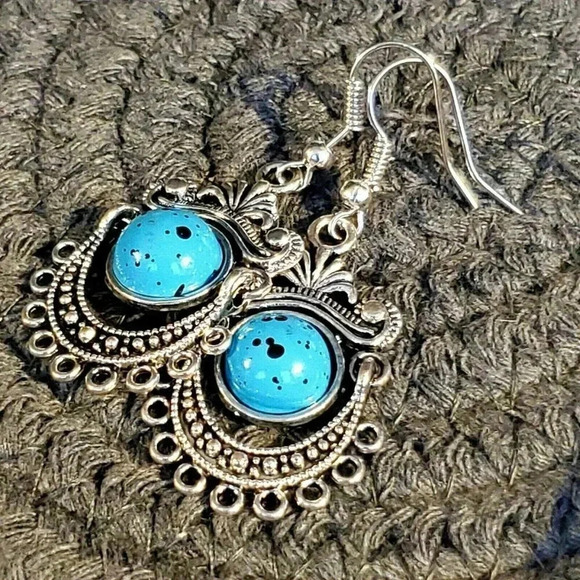 Antique Silver Art Nouveau Faux Turquoise Stone Dangle Earrings - Picture 2 of 6